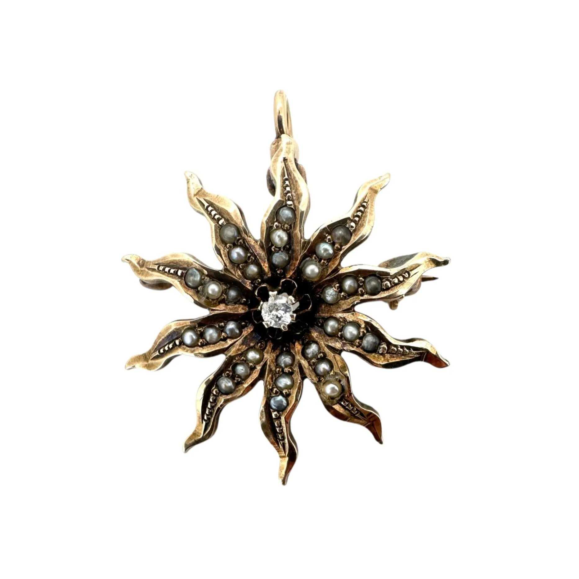 Antique Victorian Starburst Diamond & Seed Pearl Brooch Convertible to Pendant 14K Gold V1092