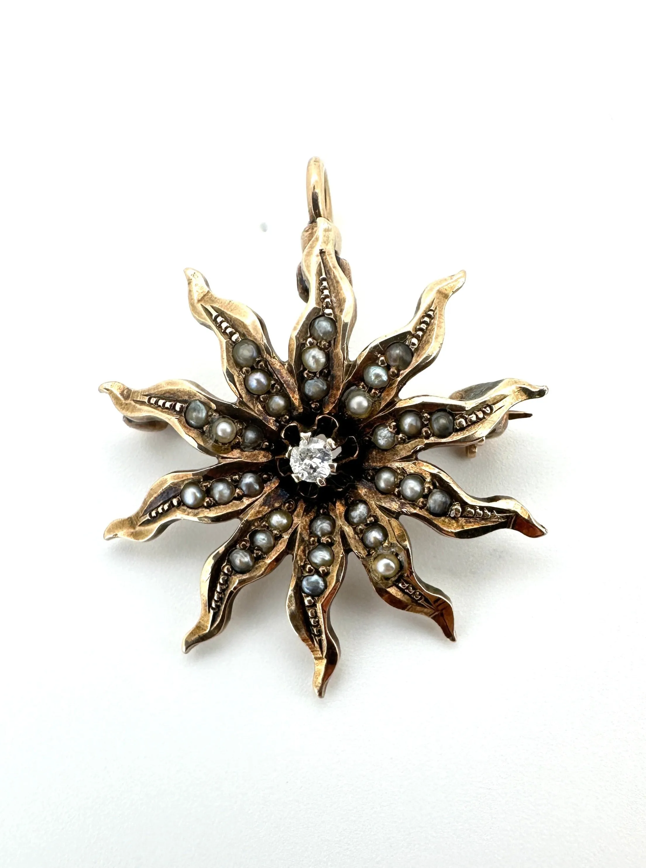 Antique Victorian Starburst Diamond & Seed Pearl Brooch Convertible to Pendant 14K Gold V1092