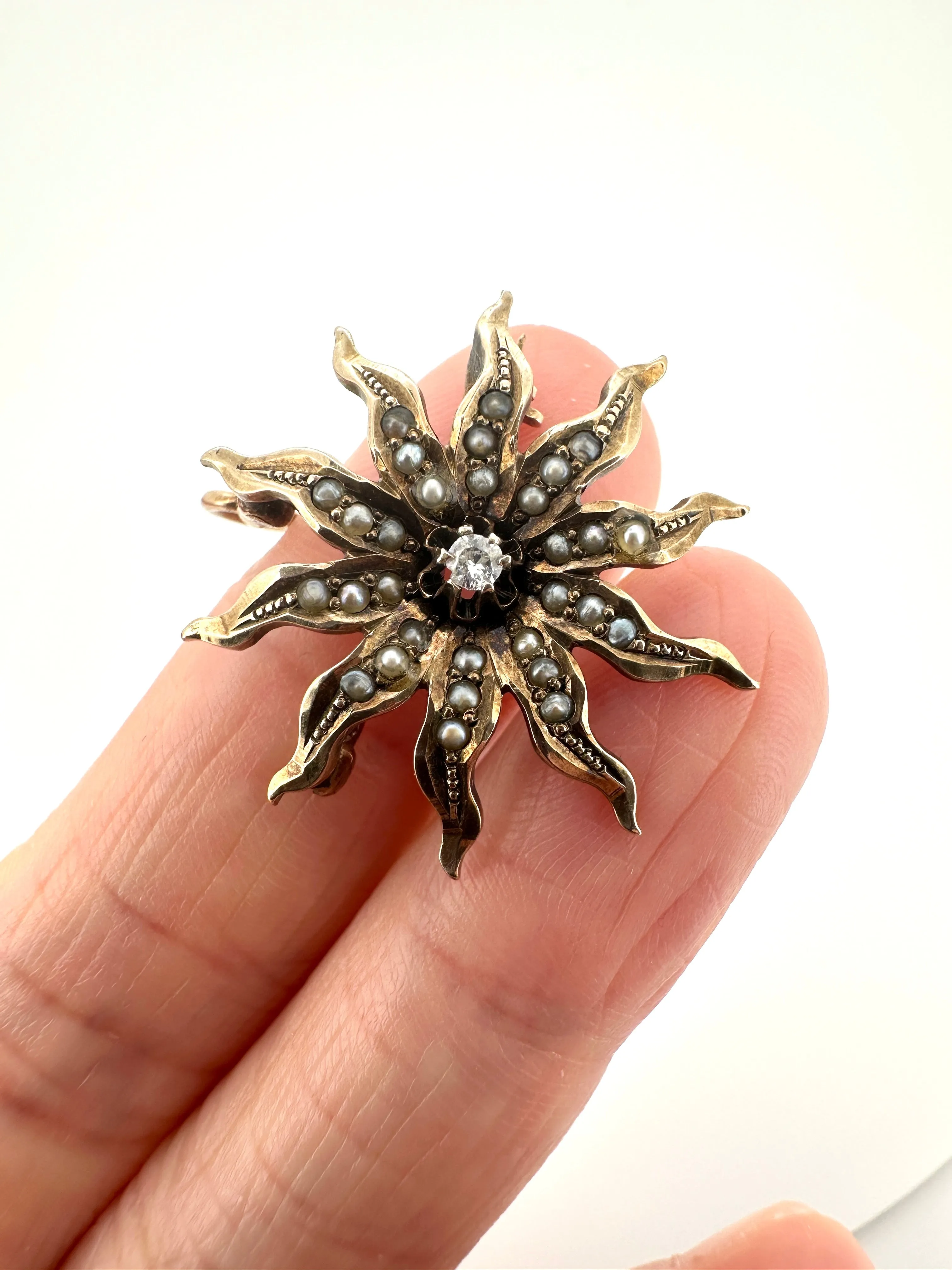 Antique Victorian Starburst Diamond & Seed Pearl Brooch Convertible to Pendant 14K Gold V1092