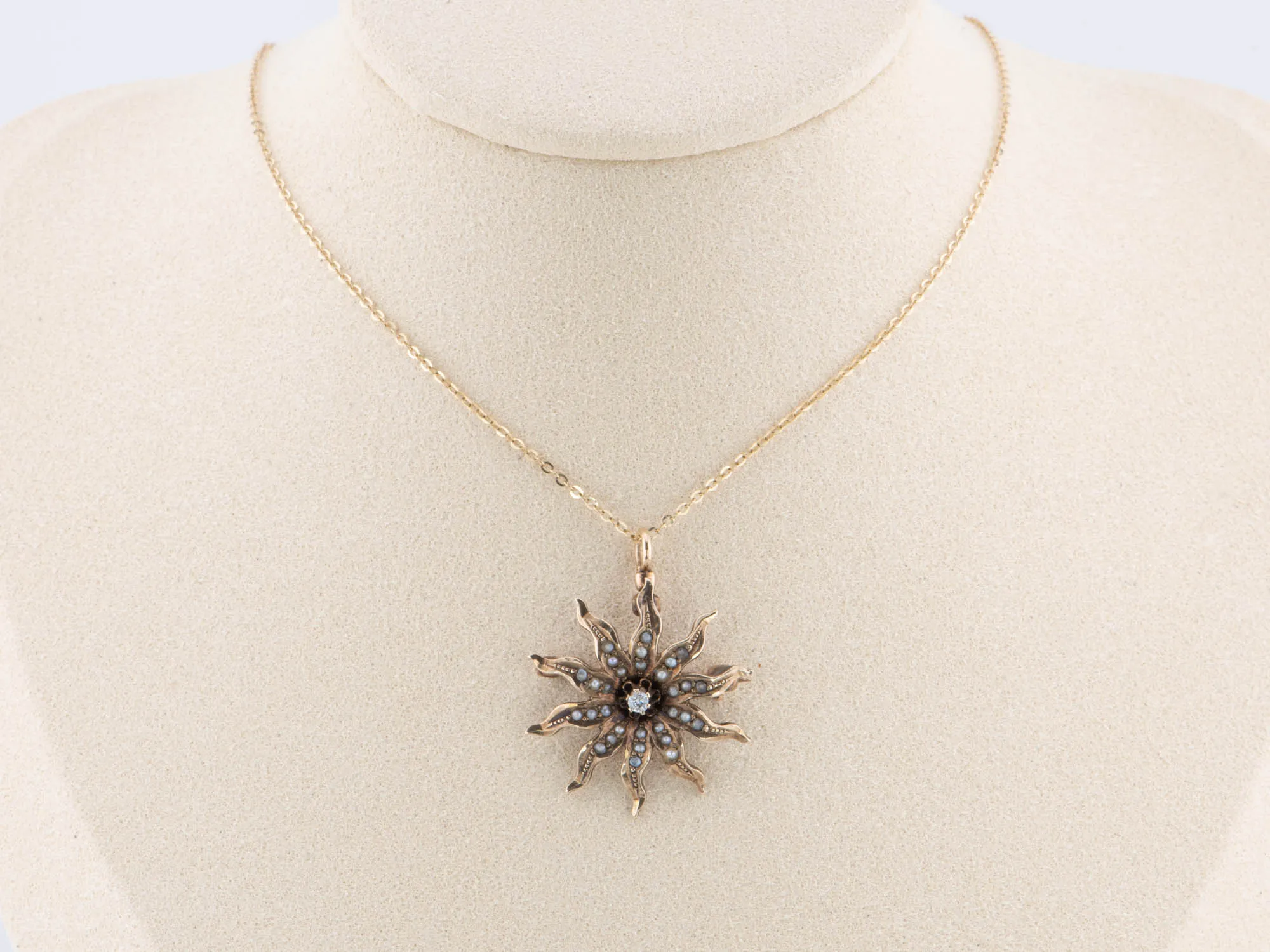 Antique Victorian Starburst Diamond & Seed Pearl Brooch Convertible to Pendant 14K Gold V1092