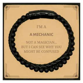 Badass Mechanic Gifts, I'm Mechanic not a magician, Sarcastic Stone Leather Bracelets for Mechanic Birthday Christmas for  Men, 