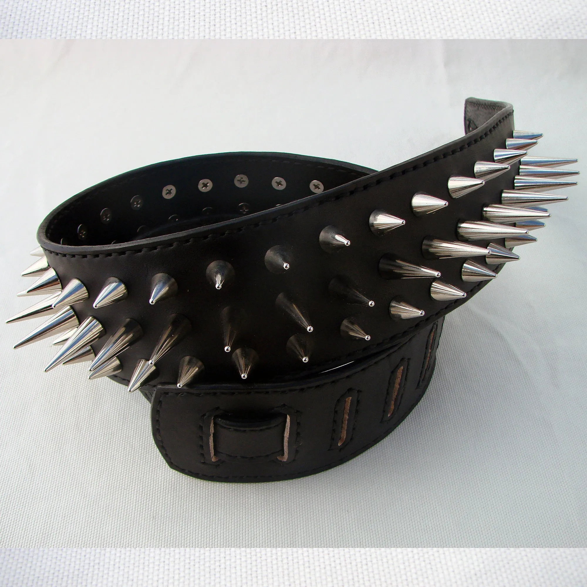 Black Leather Guitar Strap 3 rows of spikes