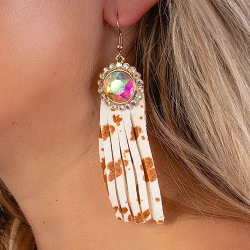 Bling Concho Earrings with Cow Print Tassels