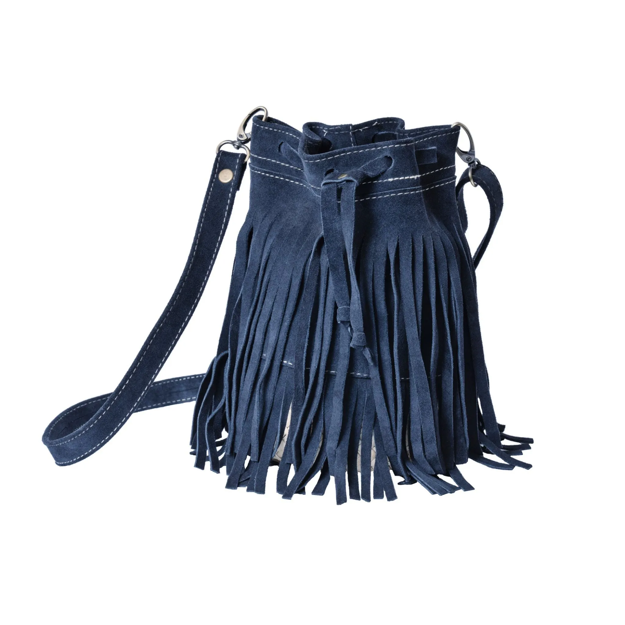 Delia Suede Leather Fringe Bucket Bag in Dark Blue