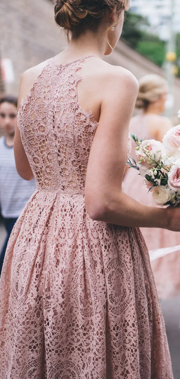 Dusty Pink Lace Sleeveless Tea Length Bridesmaid Dresses,DB128