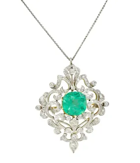 Edwardian 12.53 CTW Colombian Emerald Diamond Platinum 18 Karat Gold Scroll Antique Brooch Pendant Necklace GIA