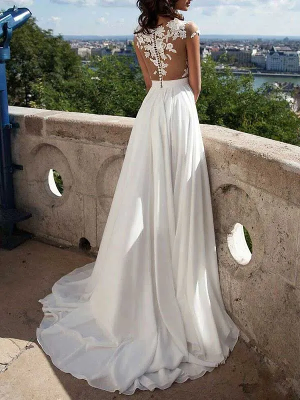 Elegant Off Shoulder White Split Lace Applique Wedding Dress, WD0467