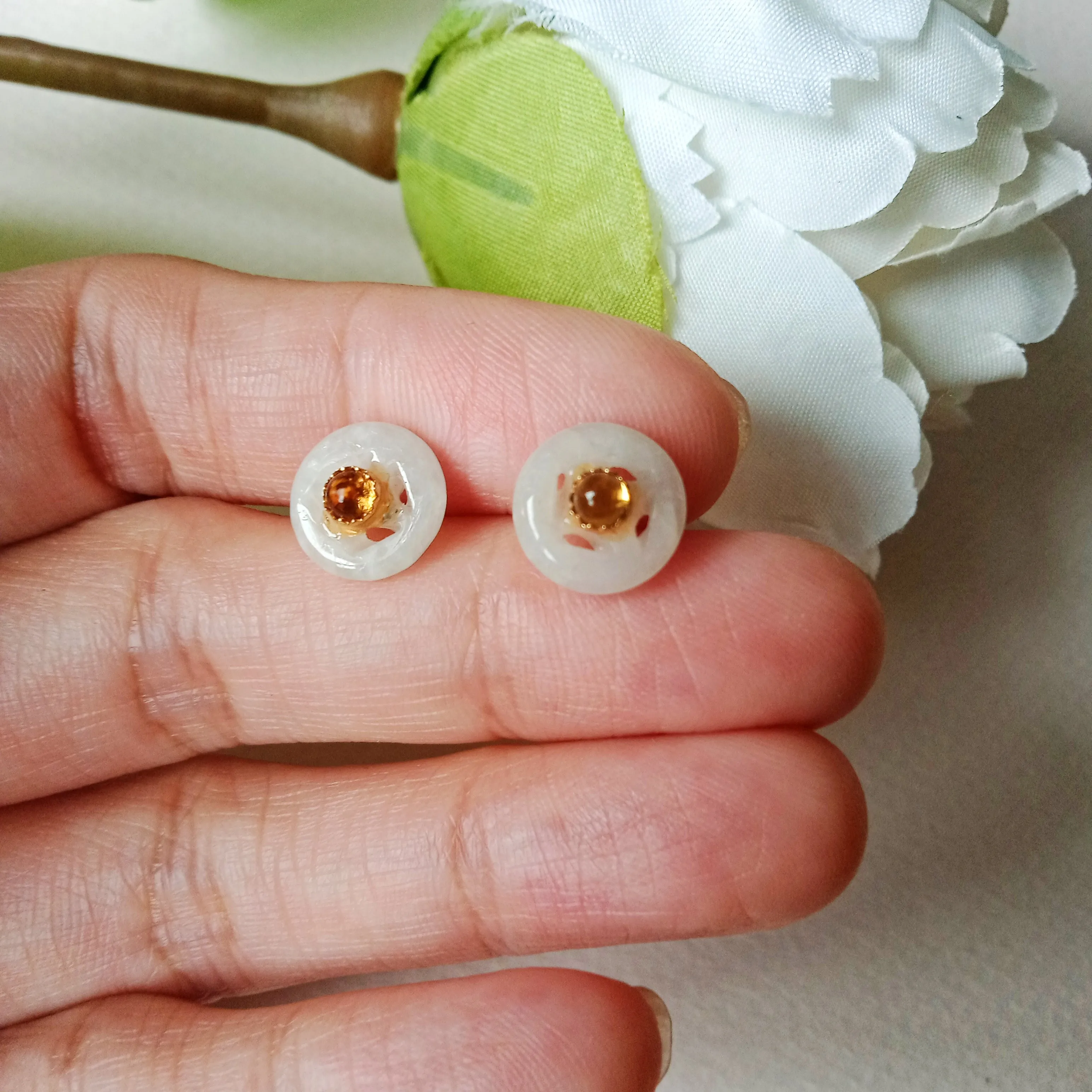 Jade coin citrine stud earrings