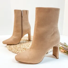 Lovestruck Heel Suede Booties in Warm Taupe