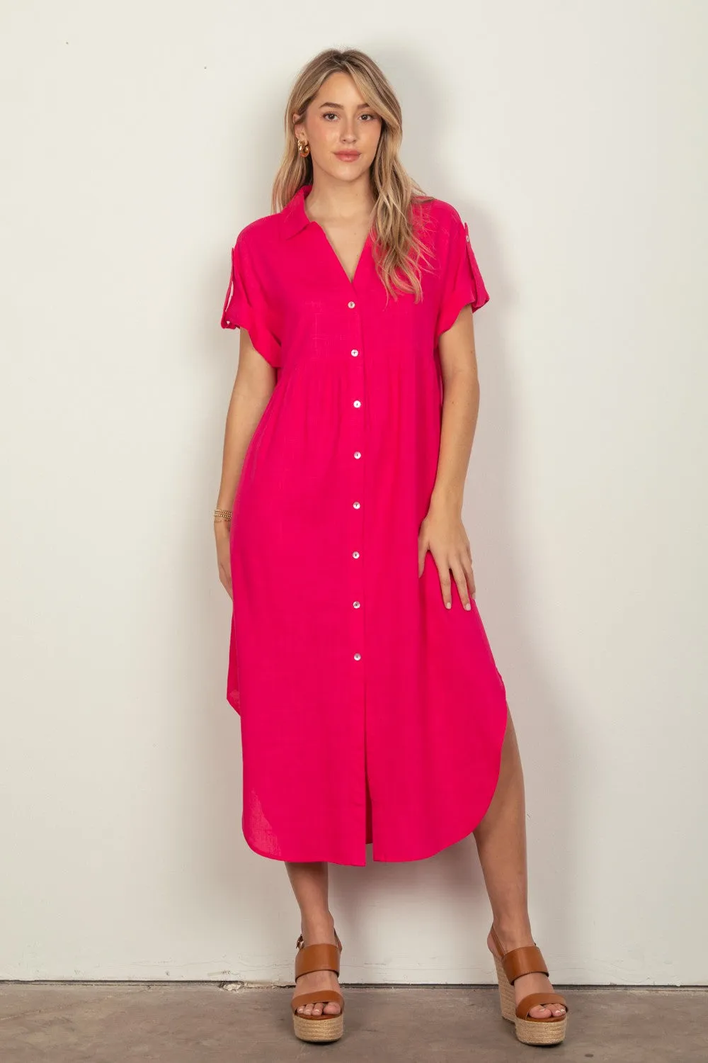 Oversized Solid Linen Woven Midi Dress - 4 Colors