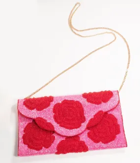 Pink & Red Floral Rose Beaded Envelope Clutch