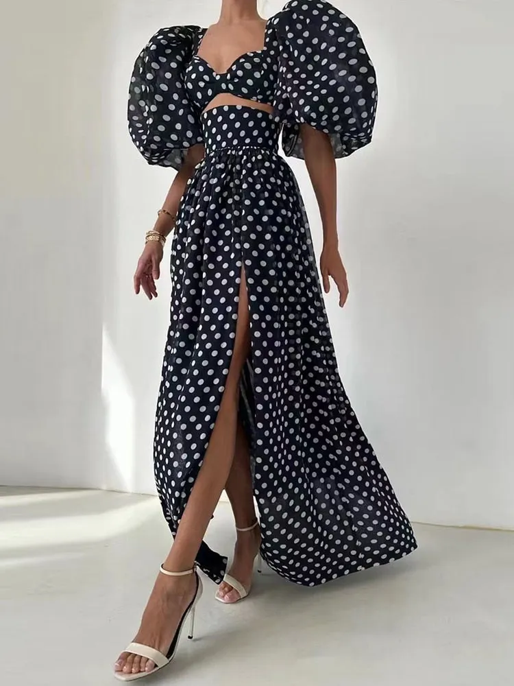 Print Slim Sets For Women Square Collar Puff Sleeve Tops High Waist Split Thigh Skirts Hollow Out Set Female Fashion New