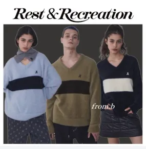 Rest & Recreation  |Stripes Casual Style Unisex Nylon Rib Street Style V-Neck