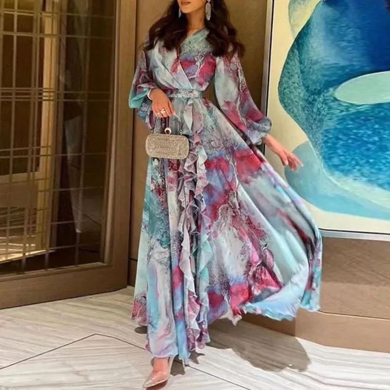 Spring Women Casual Swing Boho Dresses Vintage Tie-dyed Printed Chiffon Dress 2XL S4599319