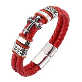 Stainless Steel Double Braided Red Leather Cross Magnetic Bracelet