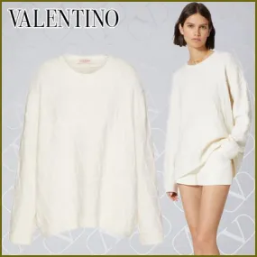 VALENTINO  |Casual Style Wool Long Sleeves Plain Logo V-neck & Crew neck