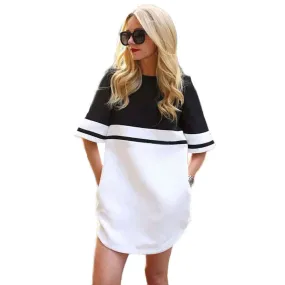 Vestidos Women Ms Black White Spell Color Loose Mini Dress Patchwork Casual Dresses