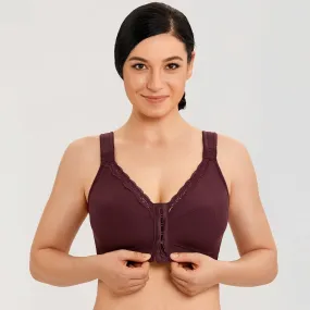 Women's Plus Size Cotton Vermilion Lace Front Closure Non-Padded Wireless Bra