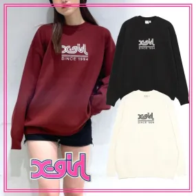 X-girl  |Unisex Street Style Plain Oversized Logo V-neck & Crew neck